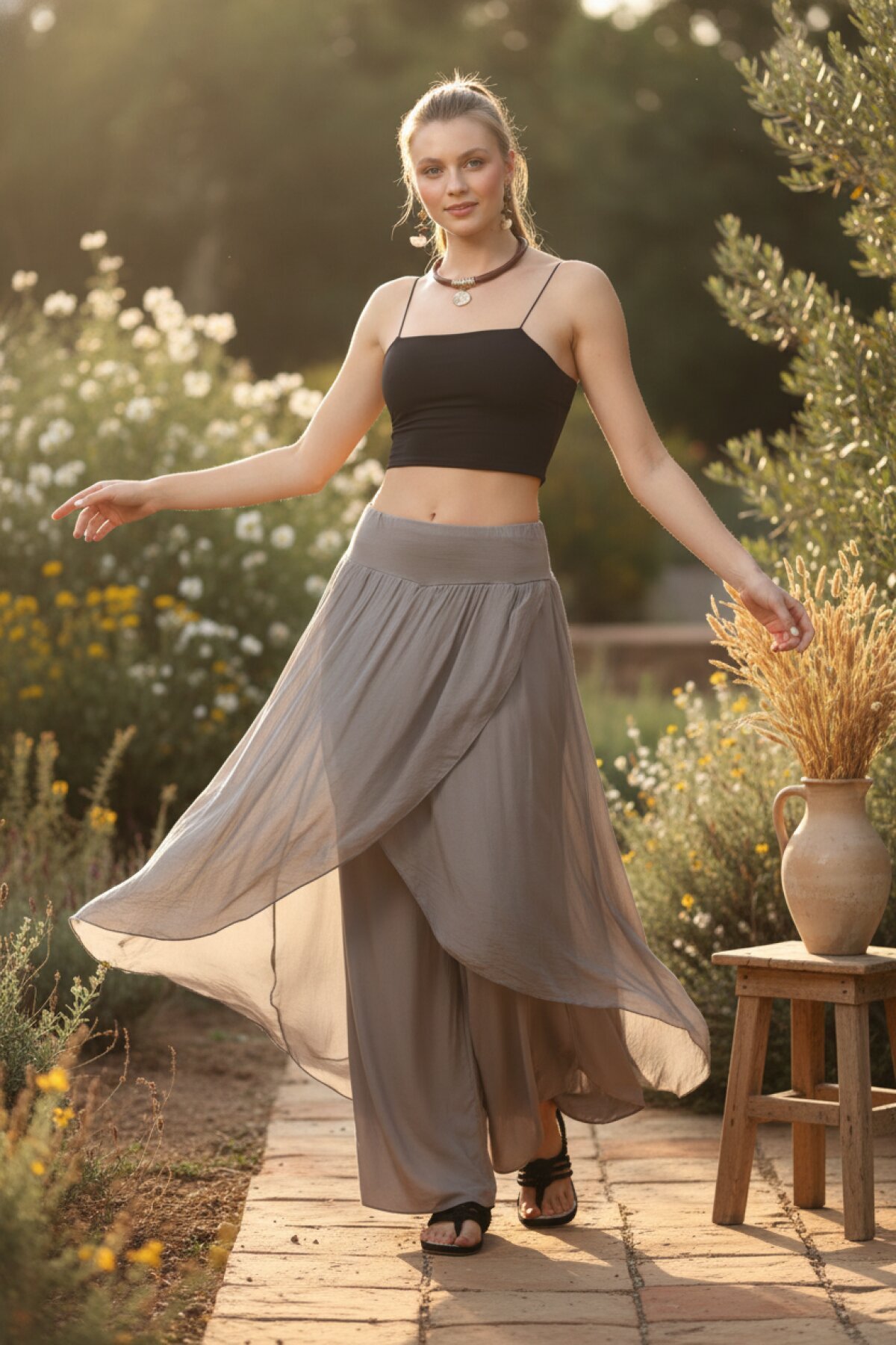 Bej Asimetrik Kapaklı İpek Şalvar Pantolon - Bohem Stil