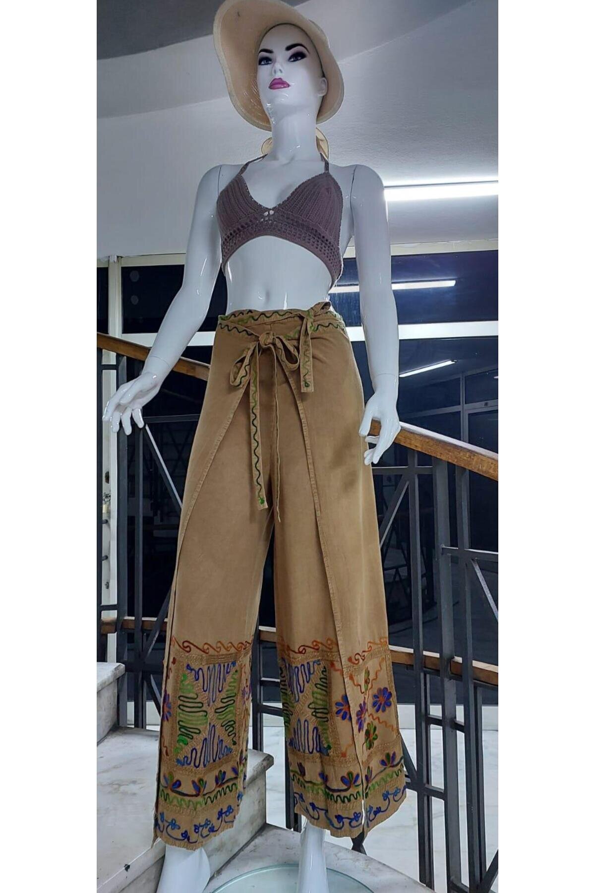 Bej Otantik Nakış İşlemeli Harem Şalvar Bulmaca Pantolon - Bohem Stil
