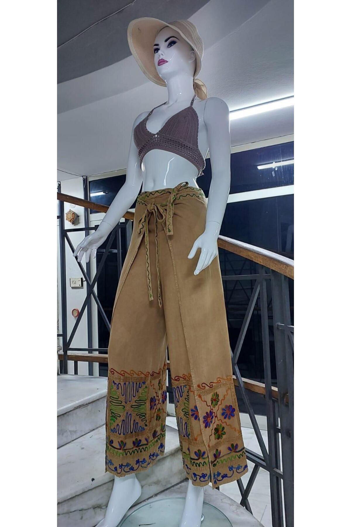 Bej Otantik Nakış İşlemeli Harem Şalvar Bulmaca Pantolon - Bohem Stil