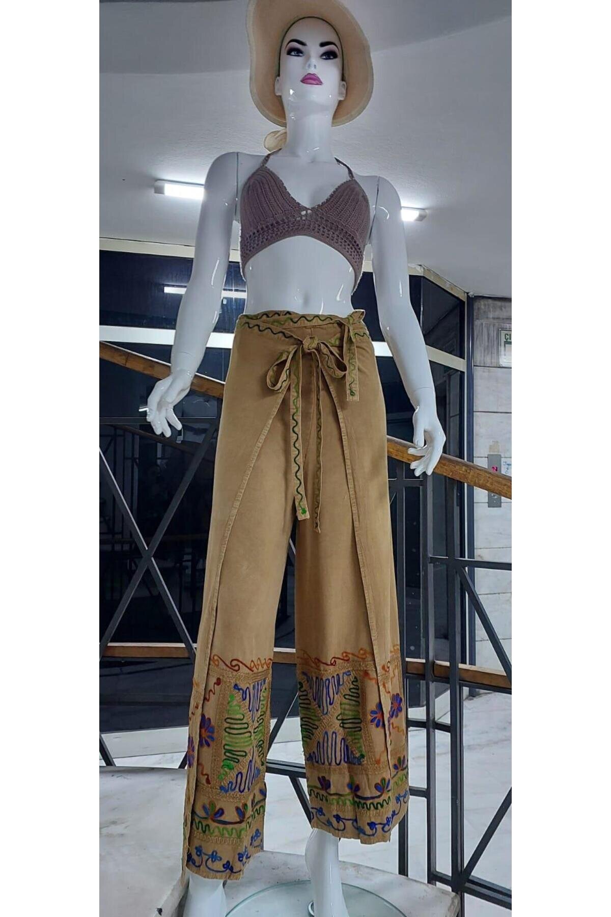 Bej Otantik Nakış İşlemeli Harem Şalvar Bulmaca Pantolon - Bohem Stil
