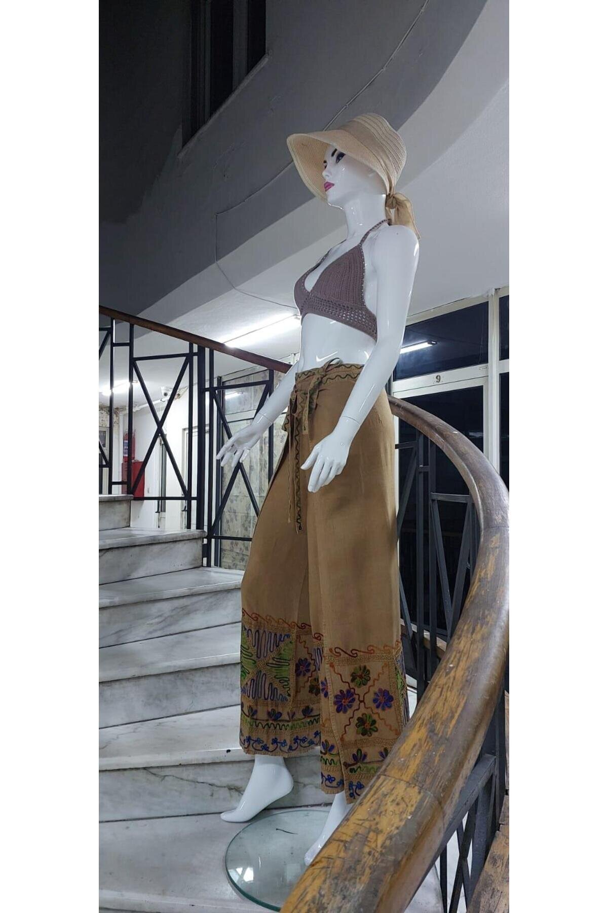 Bej Otantik Nakış İşlemeli Harem Şalvar Bulmaca Pantolon - Bohem Stil