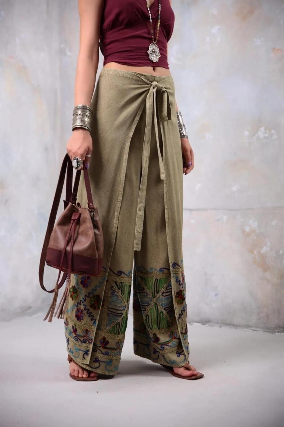Bej Otantik Nakış İşlemeli Harem Şalvar Bulmaca Pantolon - Bohem Stil