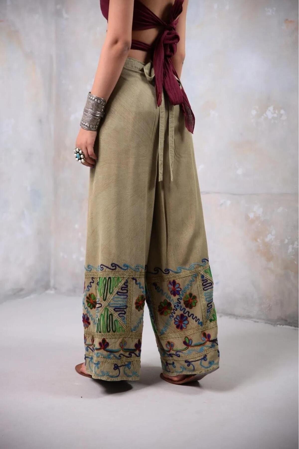 Bej Otantik Nakış İşlemeli Harem Şalvar Bulmaca Pantolon - Bohem Stil