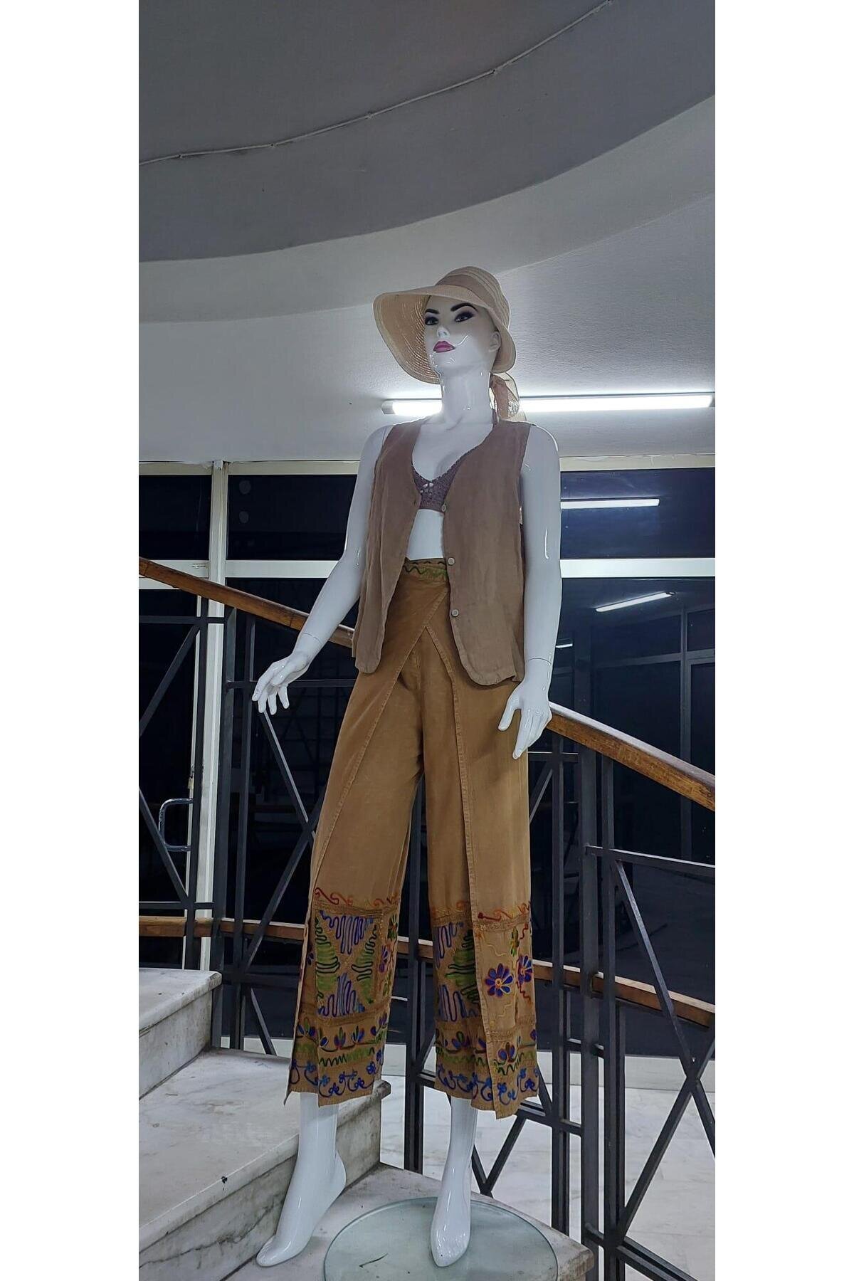 Bej Otantik Nakış İşlemeli Harem Şalvar Bulmaca Pantolon - Bohem Stil