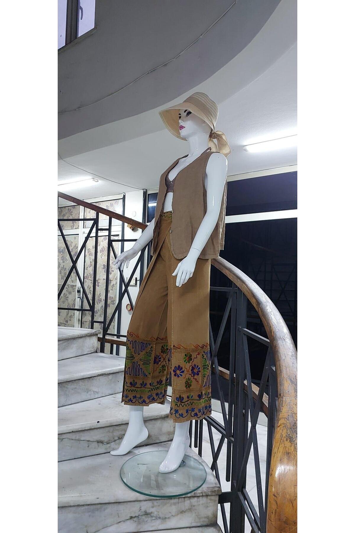 Bej Otantik Nakış İşlemeli Harem Şalvar Bulmaca Pantolon - Bohem Stil
