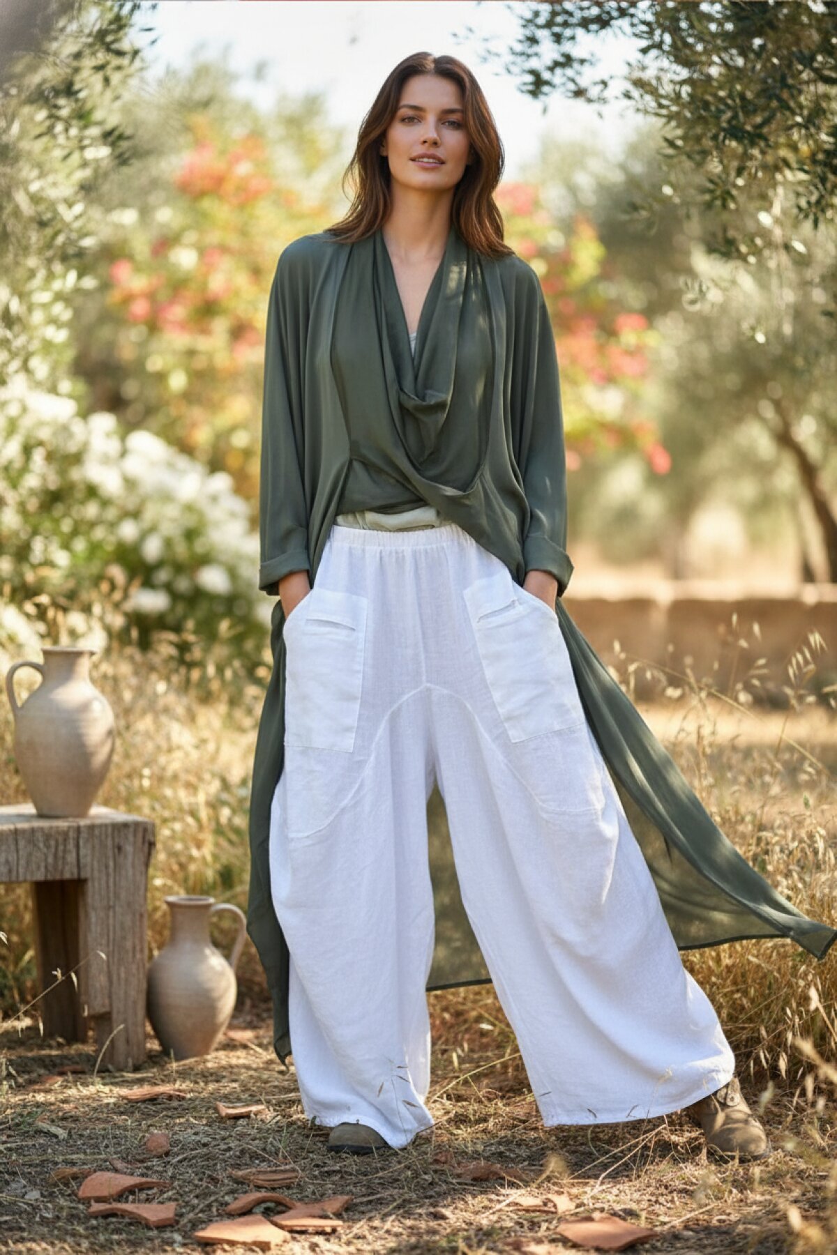 Beyaz İtalyan Cepli Şalvar Keten Pantolon - Bohem Stil