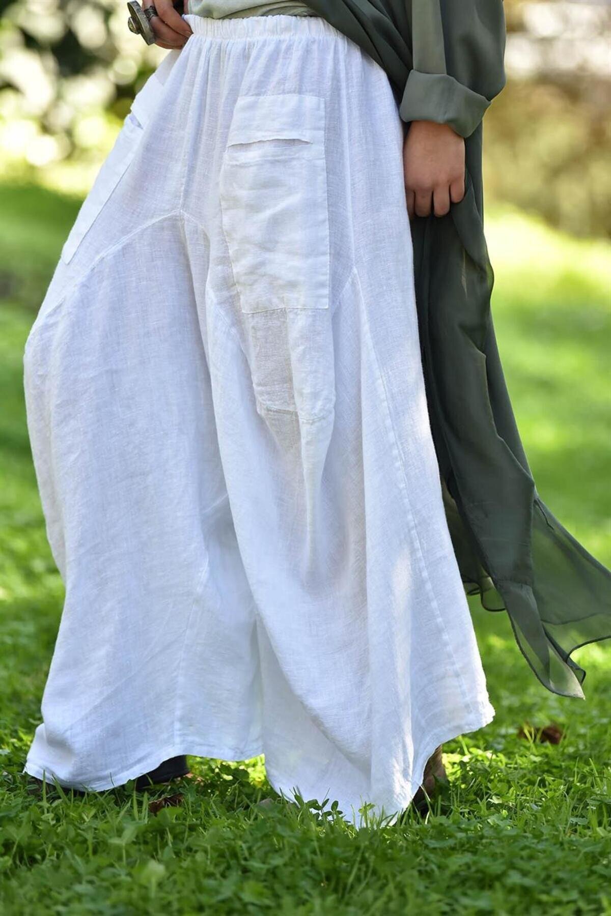 Beyaz İtalyan Cepli Şalvar Keten Pantolon - Bohem Stil