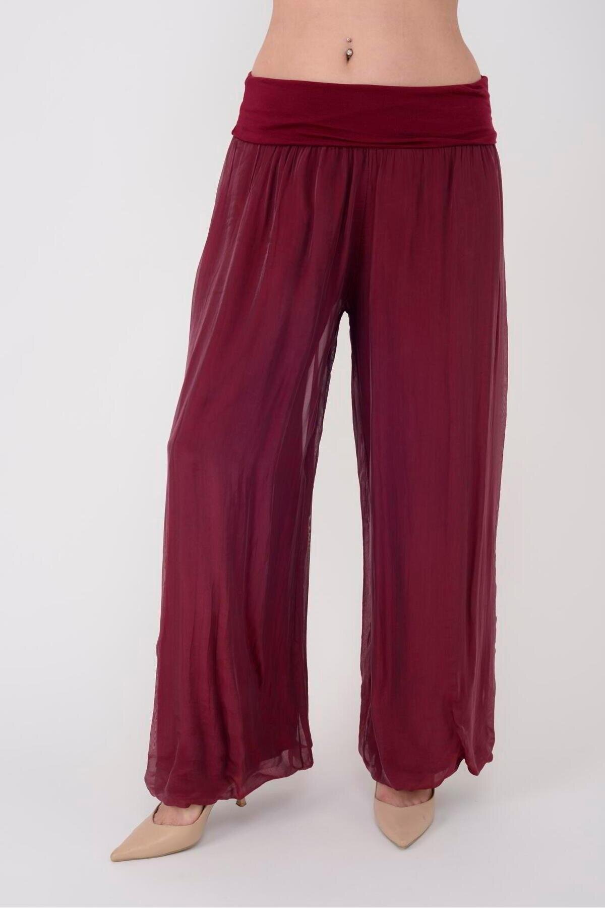 Bordo İtalyan Korse Belli Astarlı İpek Pantolon - Bohem Stil