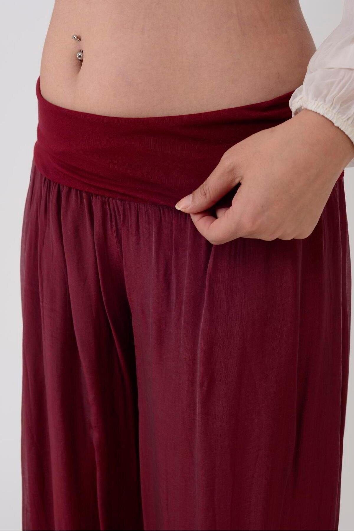 Bordo İtalyan Korse Belli Astarlı İpek Pantolon - Bohem Stil