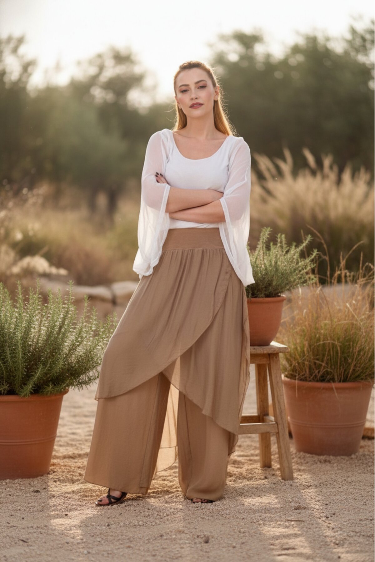 Camel Asimetrik Kapaklı İpek Şalvar Pantolon - Bohem Stil