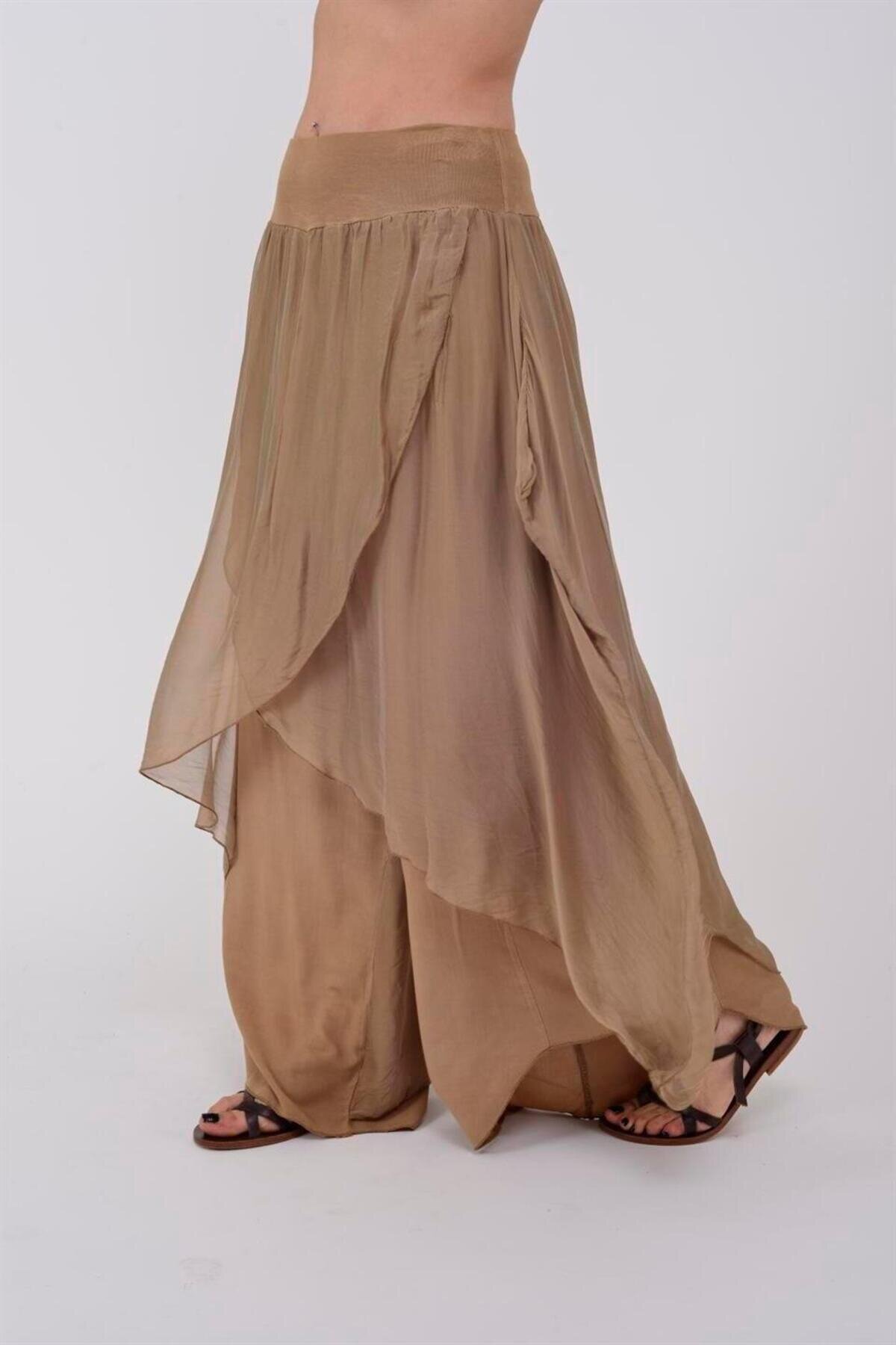 Asymmetric Silk Shalwar Pants - Camel - Bohem Stil