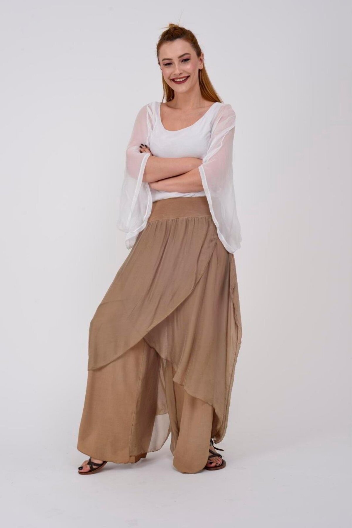 Asymmetric Silk Shalwar Pants - Camel - Bohem Stil