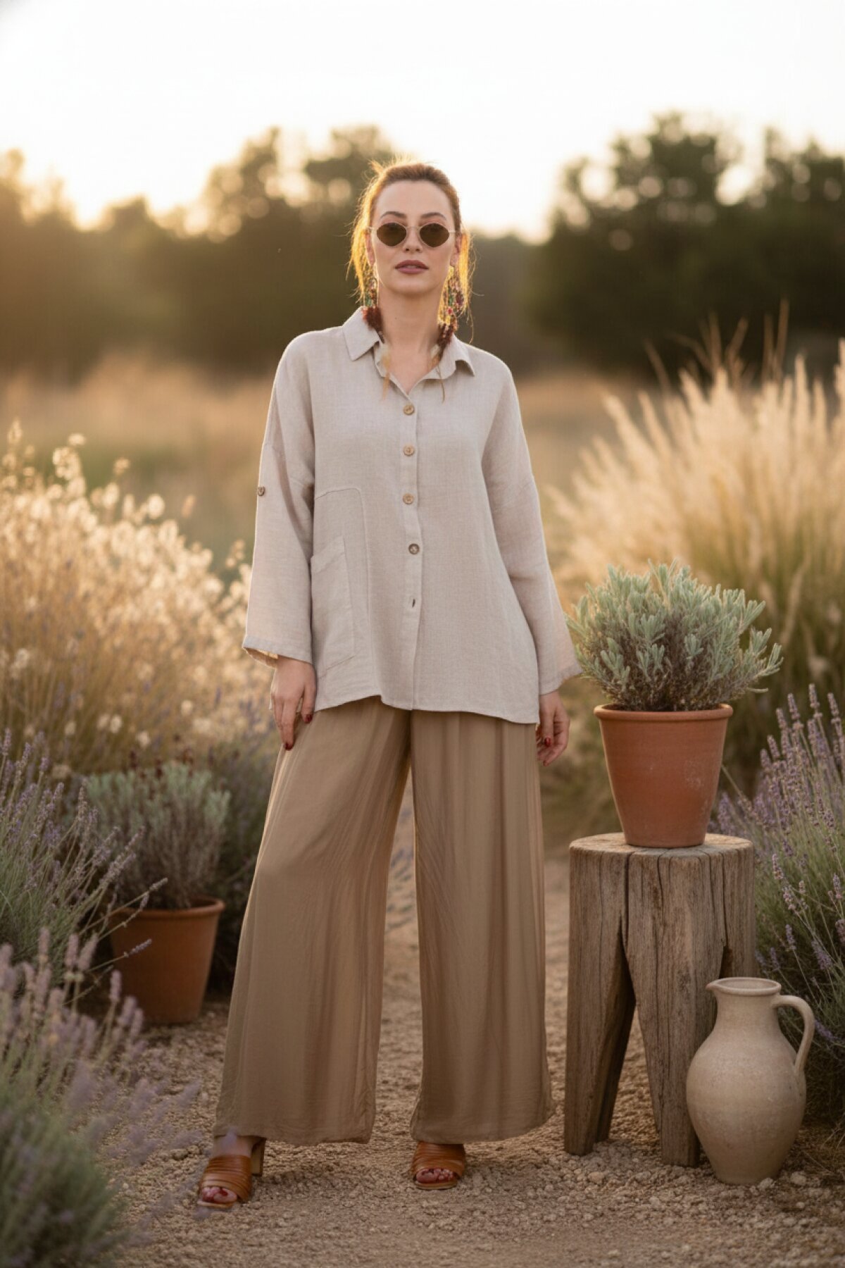 Camel İtalyan Korsajlı Astarlı İpek Wes Pantolon - Bohem Stil