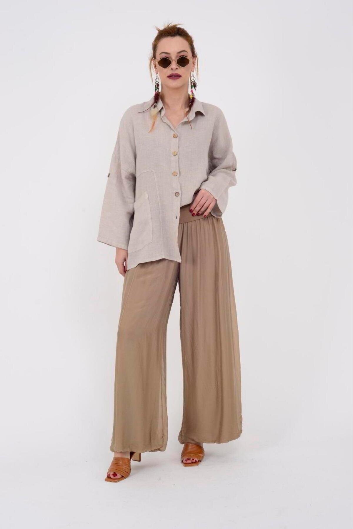 Camel İtalyan Korsajlı Astarlı İpek Wes Pantolon - Bohem Stil