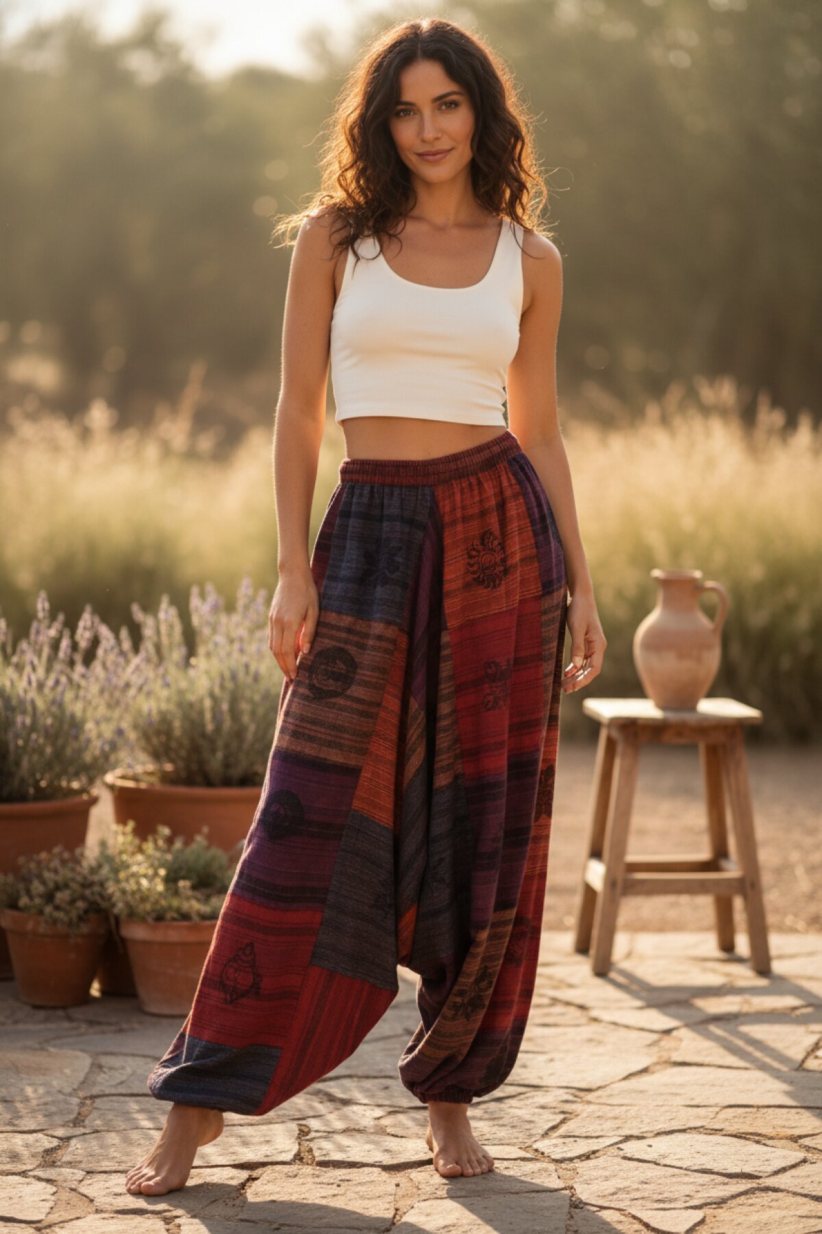 Çok Renkli Patchwork Otantik Yıkamalı Taşlanmış Şalvar Pantolon - Bohem Stil