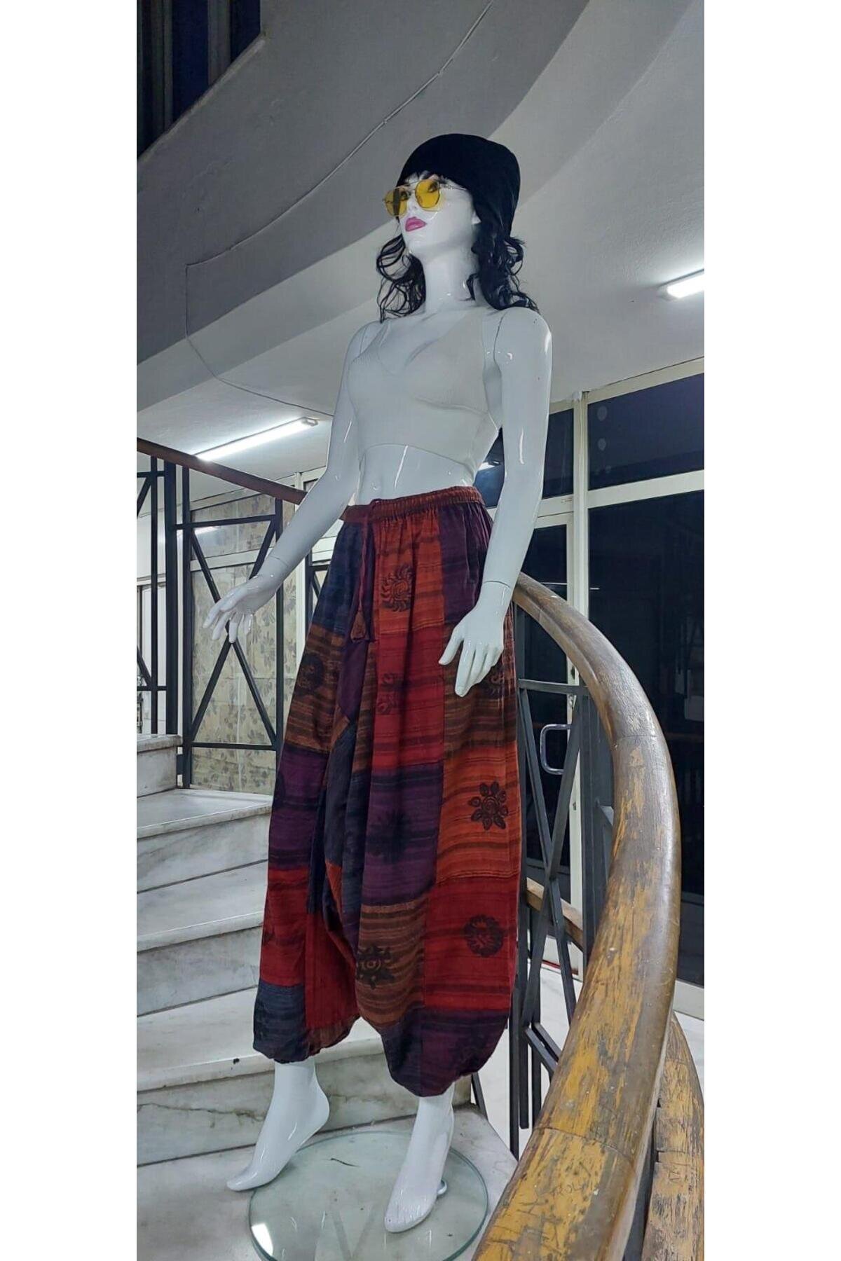 Çok Renkli Patchwork Otantik Yıkamalı Taşlanmış Şalvar Pantolon - Bohem Stil
