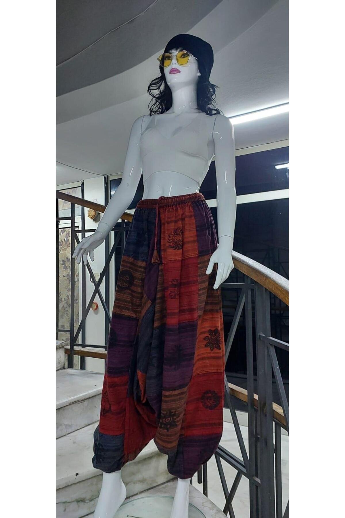 Çok Renkli Patchwork Otantik Yıkamalı Taşlanmış Şalvar Pantolon - Bohem Stil