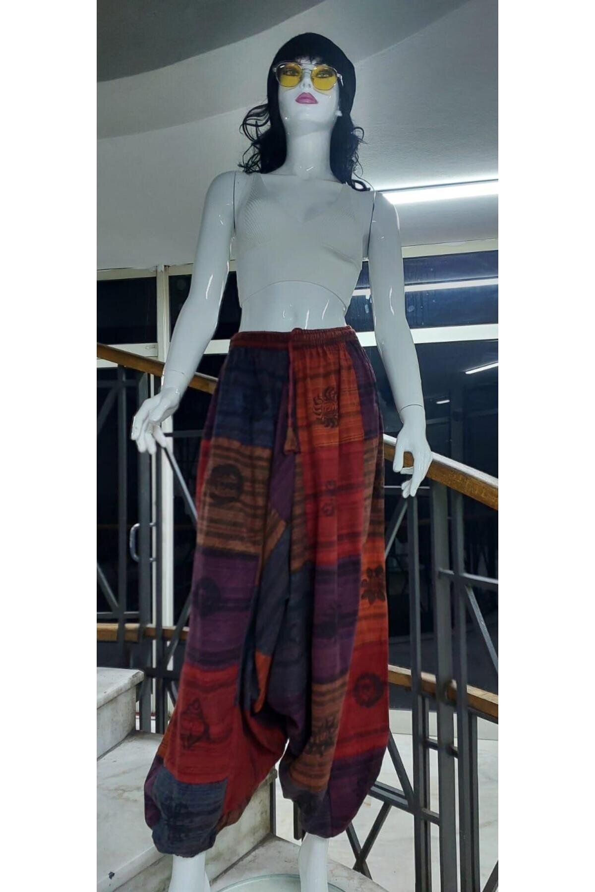 Çok Renkli Patchwork Otantik Yıkamalı Taşlanmış Şalvar Pantolon - Bohem Stil