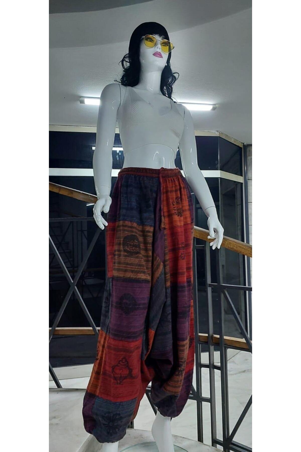 Çok Renkli Patchwork Otantik Yıkamalı Taşlanmış Şalvar Pantolon - Bohem Stil