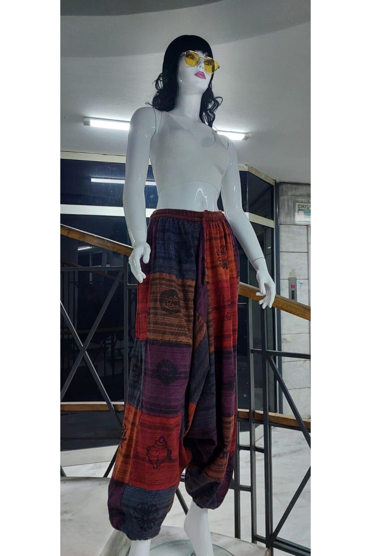 Çok Renkli Patchwork Otantik Yıkamalı Taşlanmış Şalvar Pantolon - Bohem Stil