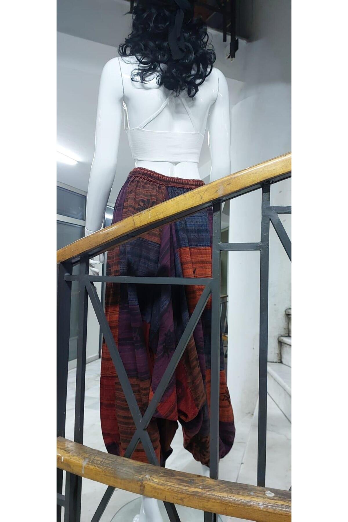 Çok Renkli Patchwork Otantik Yıkamalı Taşlanmış Şalvar Pantolon - Bohem Stil
