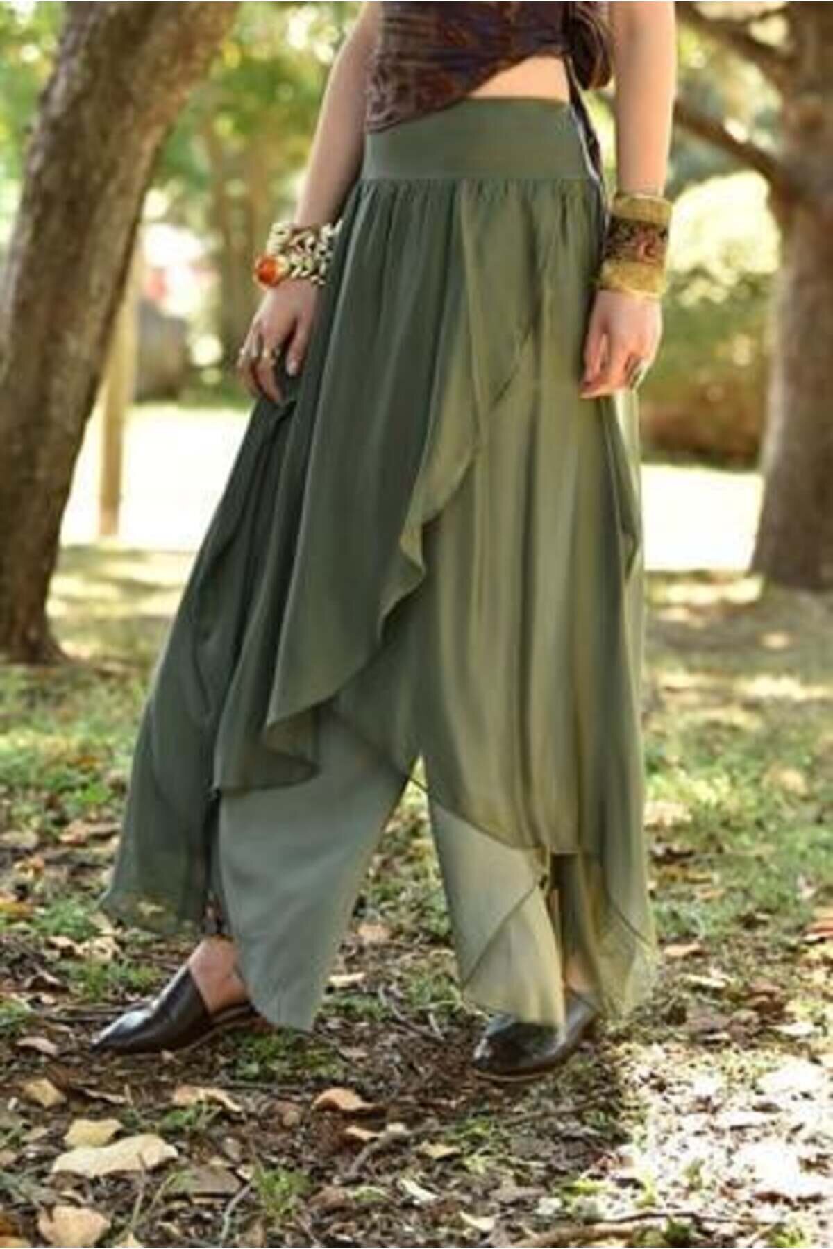 Füme Asimetrik Kapaklı İpek Şalvar Pantolon - Bohem Stil