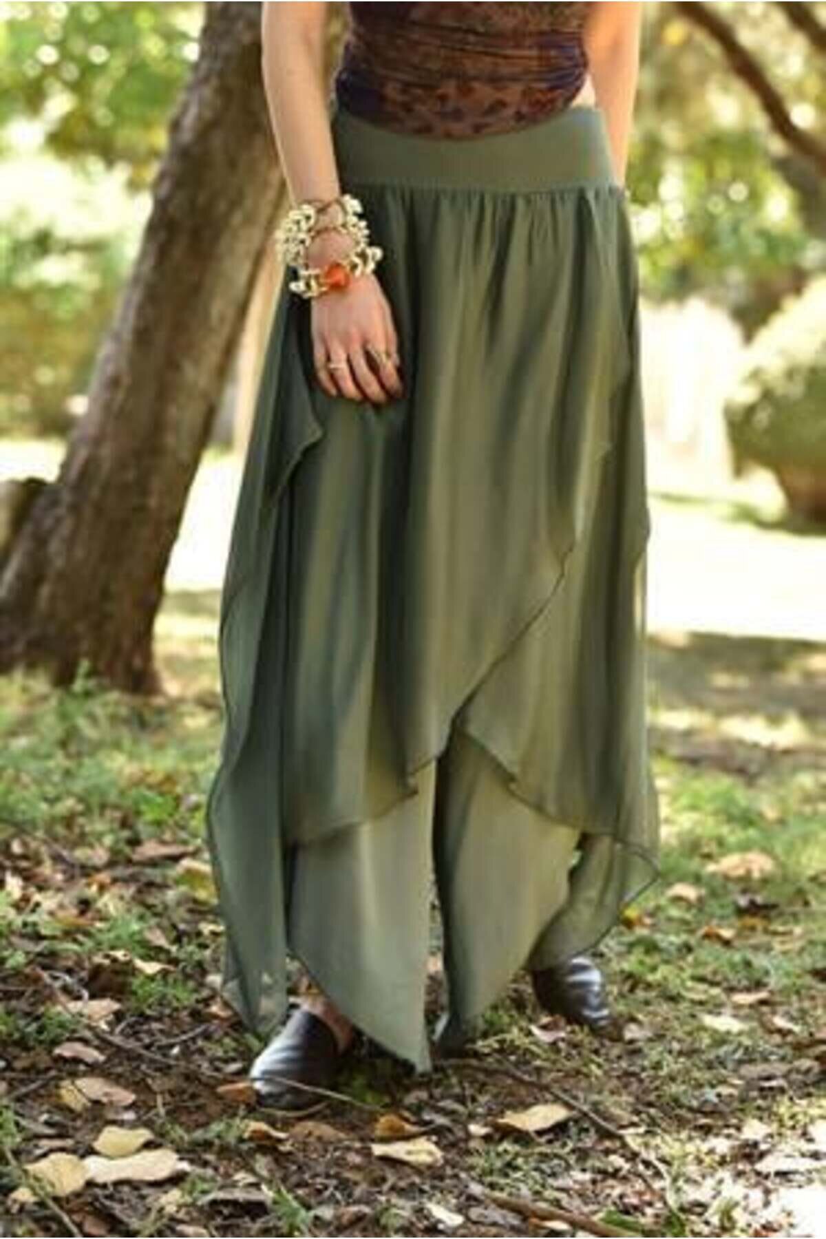 Füme Asimetrik Kapaklı İpek Şalvar Pantolon - Bohem Stil