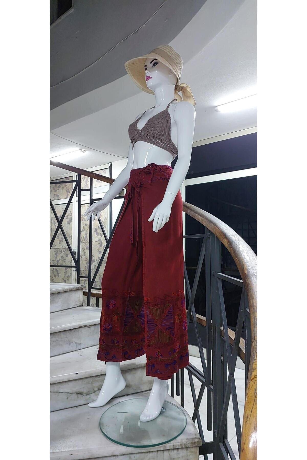 Kiremit Otantik Nakış İşlemeli Harem Şalvar Bulmaca Pantolon - Bohem Stil