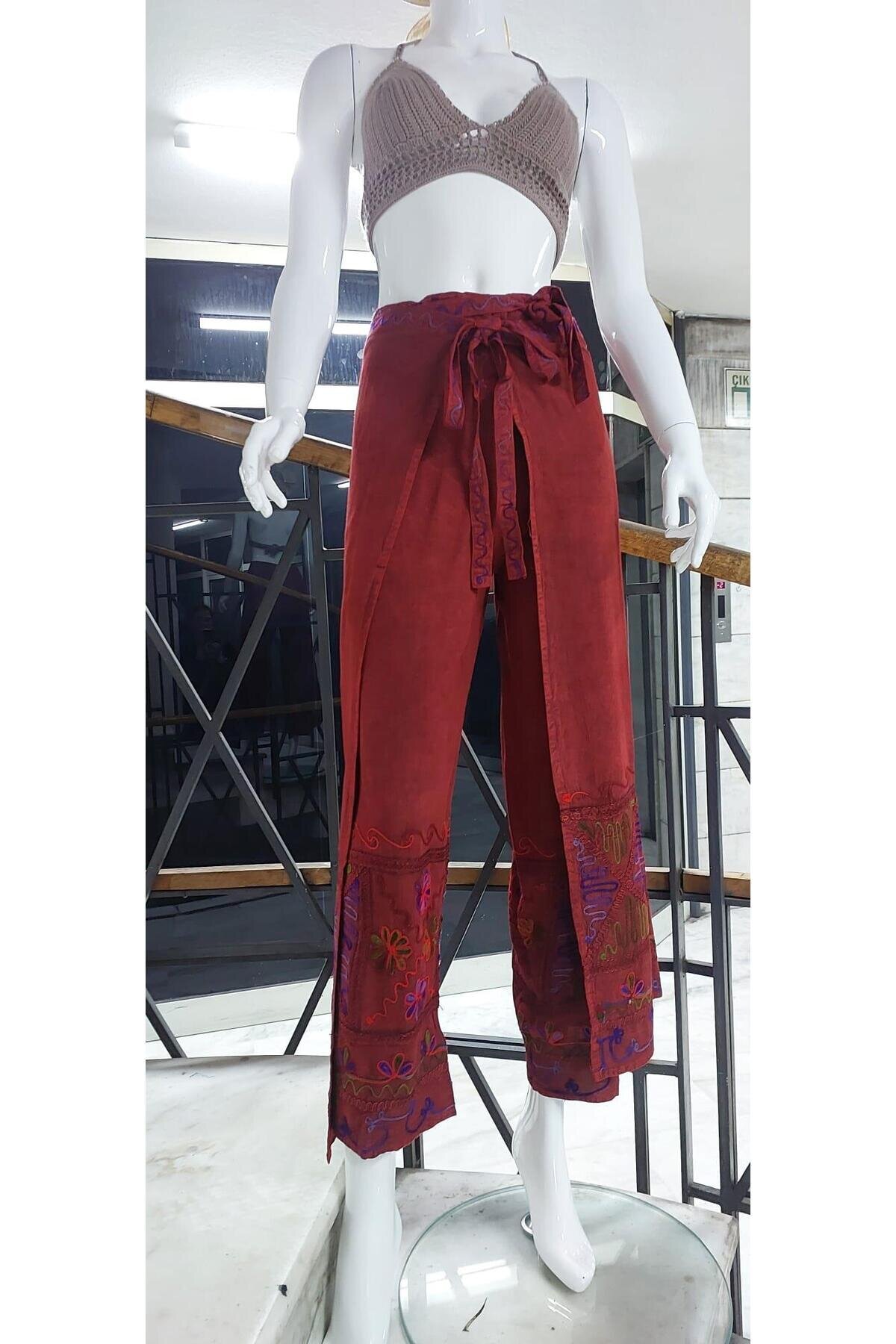 Kiremit Otantik Nakış İşlemeli Harem Şalvar Bulmaca Pantolon - Bohem Stil