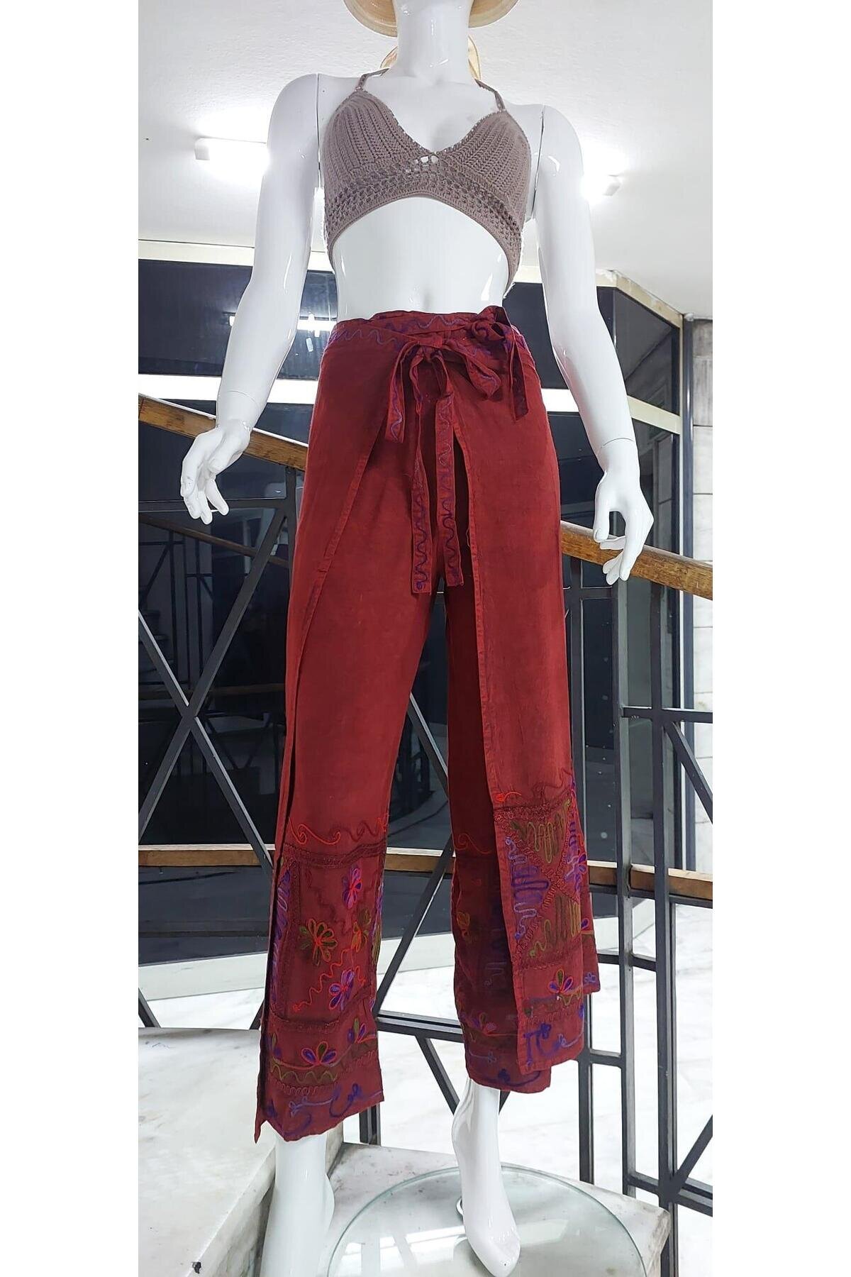 Kiremit Otantik Nakış İşlemeli Harem Şalvar Bulmaca Pantolon - Bohem Stil