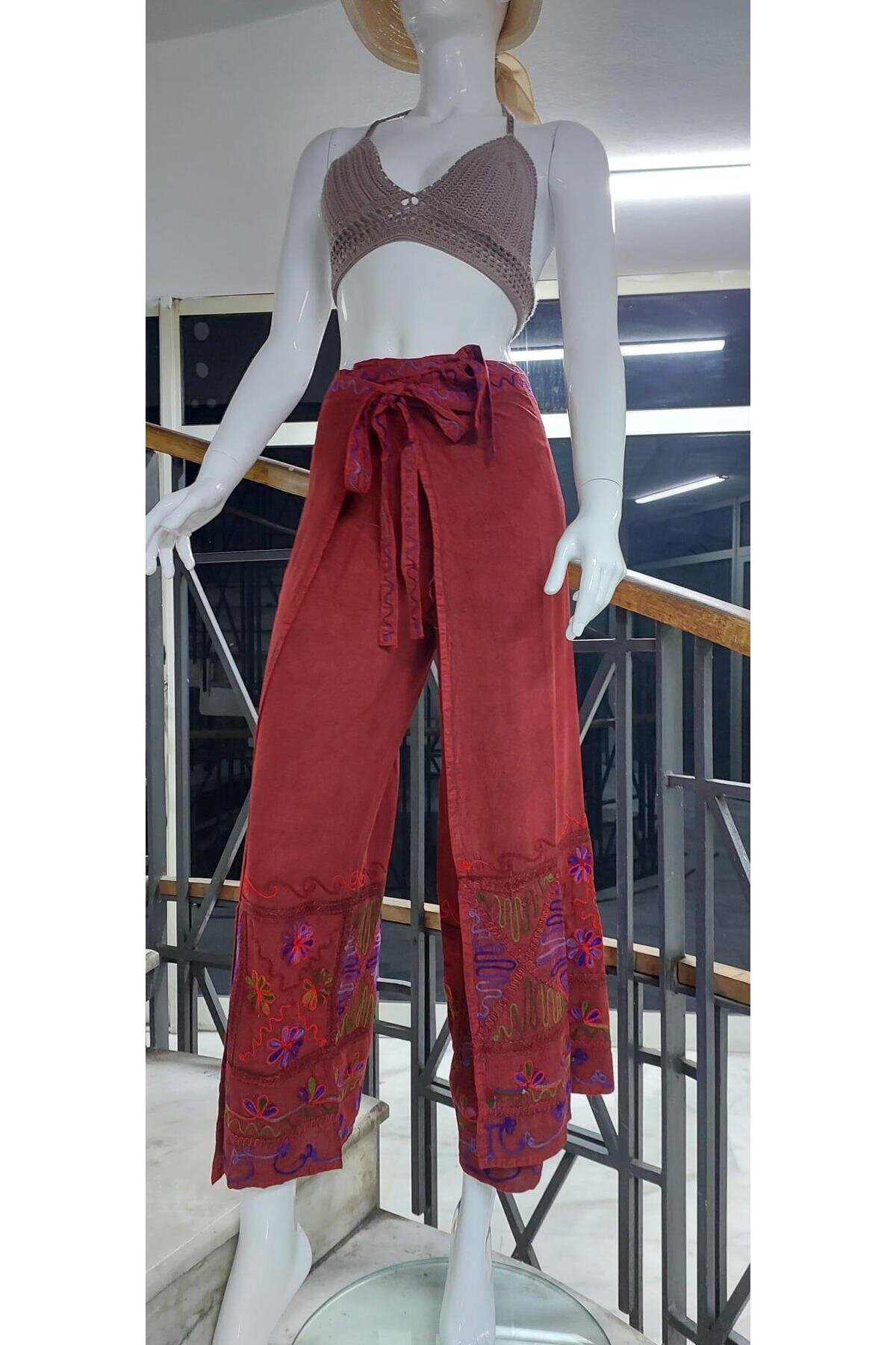 Kiremit Otantik Nakış İşlemeli Harem Şalvar Bulmaca Pantolon - Bohem Stil