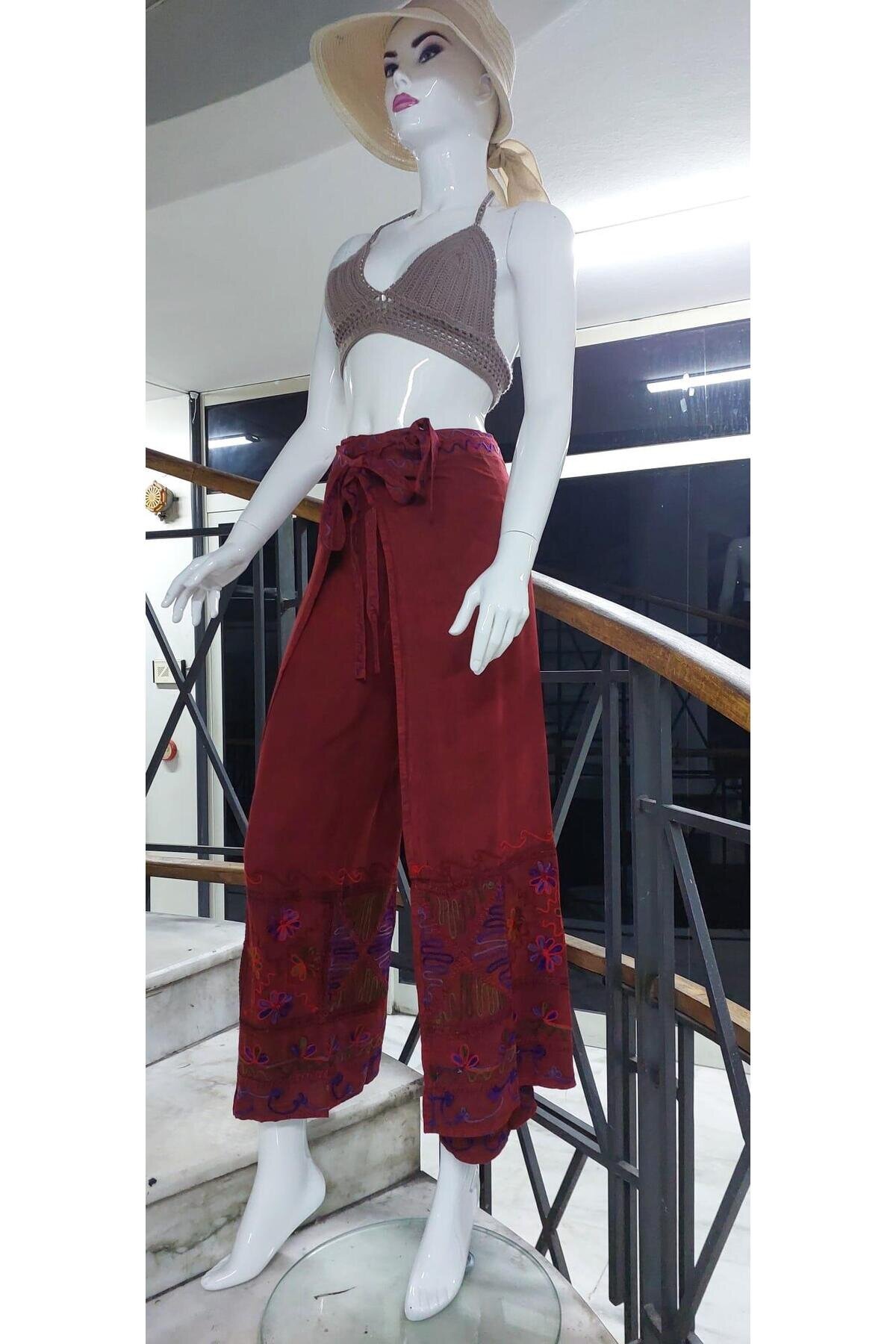 Kiremit Otantik Nakış İşlemeli Harem Şalvar Bulmaca Pantolon - Bohem Stil