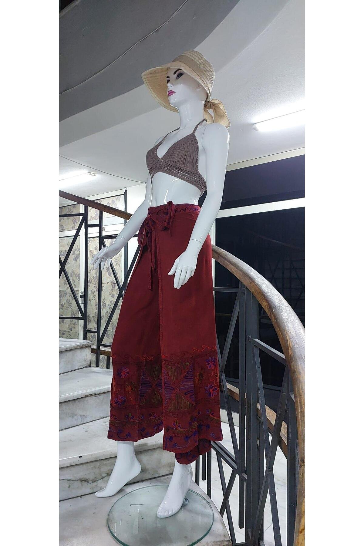 Kiremit Otantik Nakış İşlemeli Harem Şalvar Bulmaca Pantolon - Bohem Stil