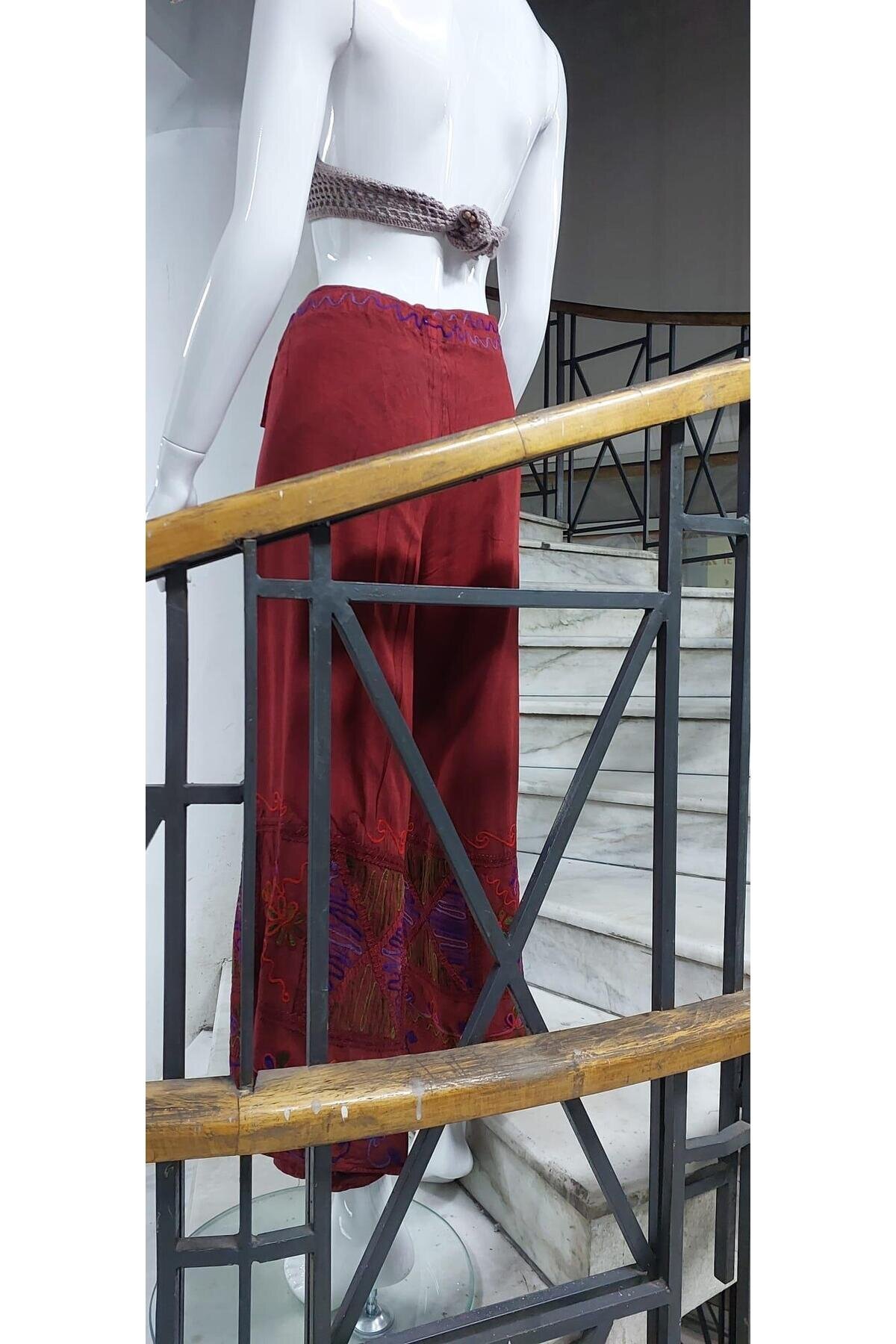Kiremit Otantik Nakış İşlemeli Harem Şalvar Bulmaca Pantolon - Bohem Stil