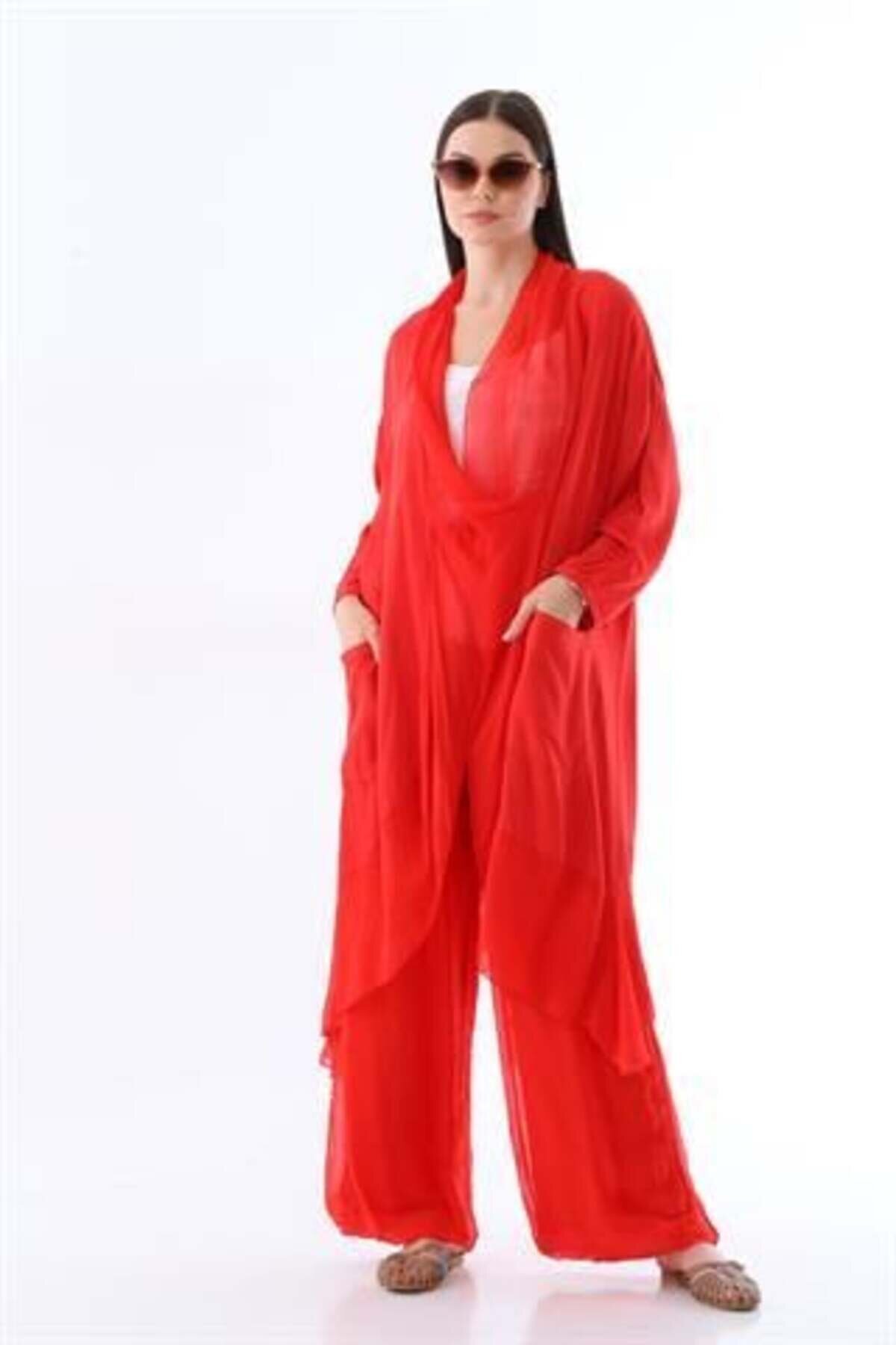 Kırmızı Italyan Astarlı Korsajlı İpek Wes Pantolon - Bohem Stil