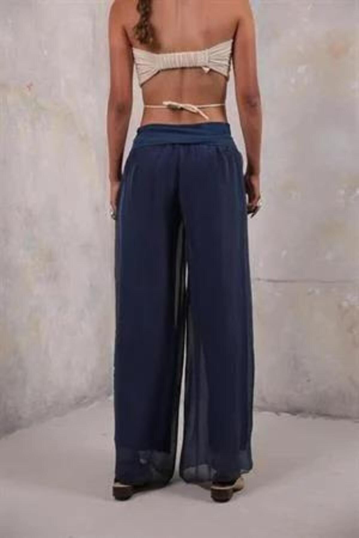 Koyu Lacivert İtalyan Korse Belli Astarlı İpek Pantolon - Bohem Stil