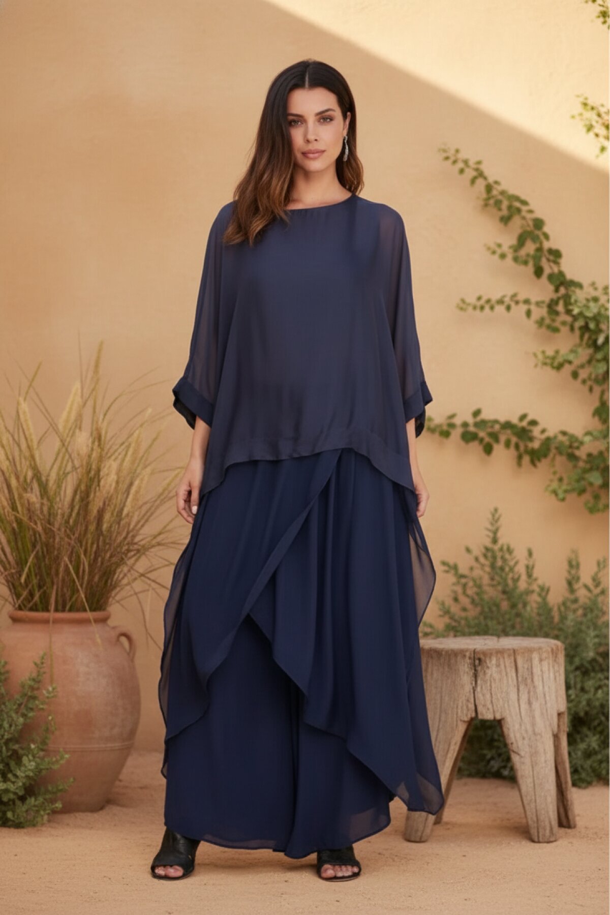 Lacivert Asimetrik Kapaklı İpek Şalvar Pantolon - Bohem Stil