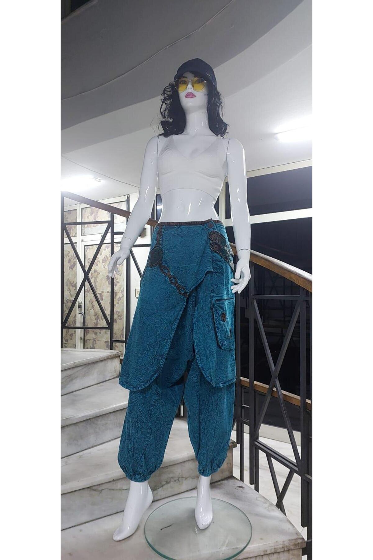 Mavi Hint Otantik Taşlanmış Şalvar Pantolon - Bohem Stil