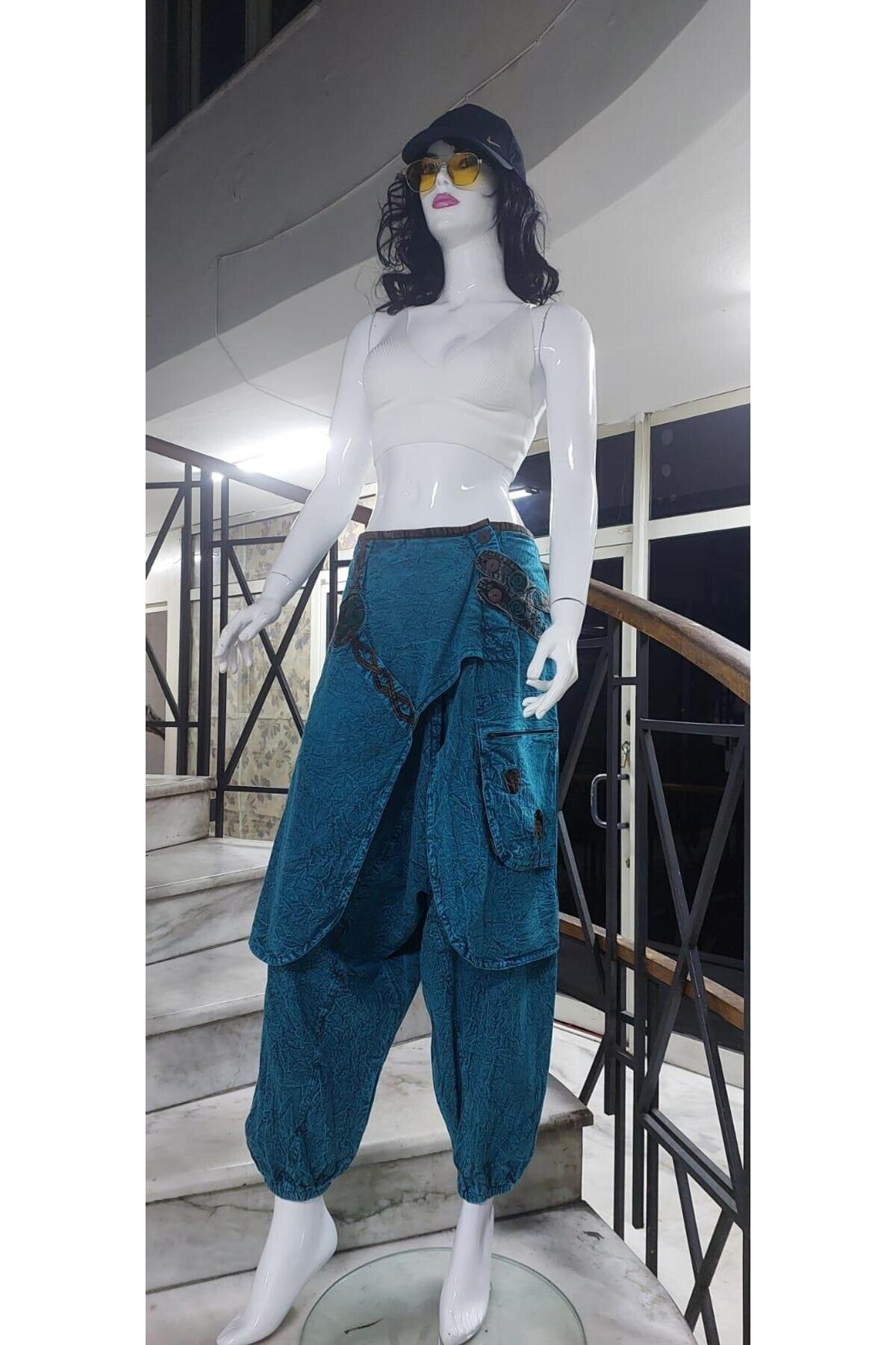 Mavi Hint Otantik Taşlanmış Şalvar Pantolon - Bohem Stil