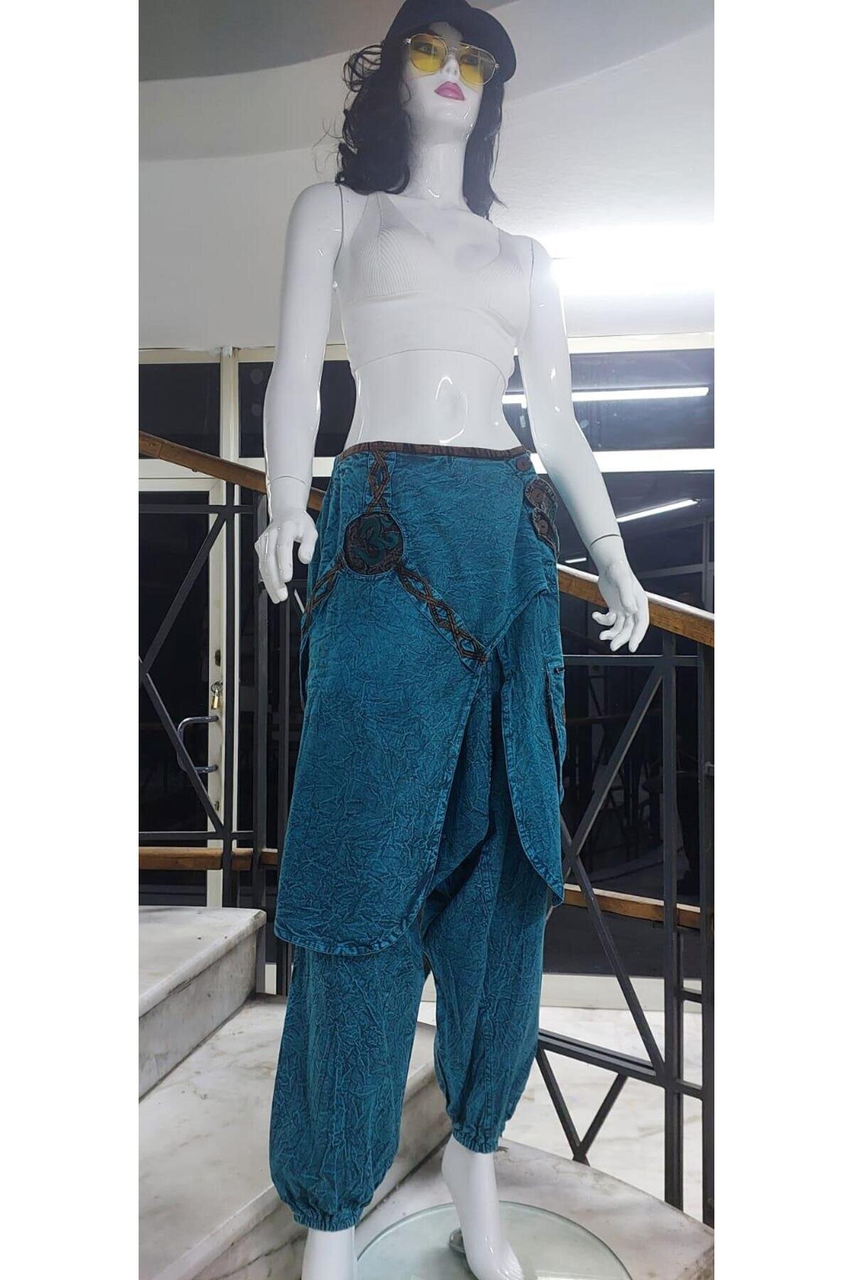 Mavi Hint Otantik Taşlanmış Şalvar Pantolon - Bohem Stil