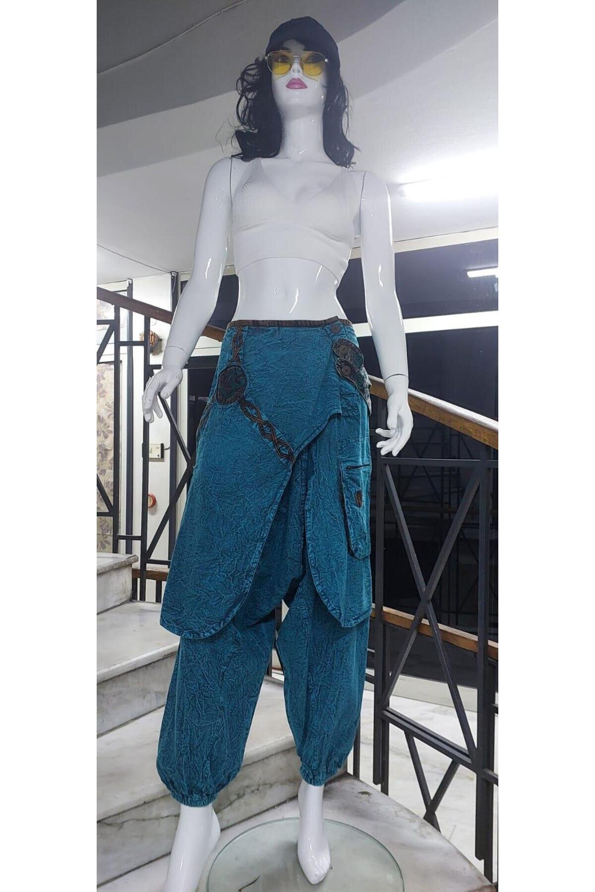Mavi Hint Otantik Taşlanmış Şalvar Pantolon - Bohem Stil