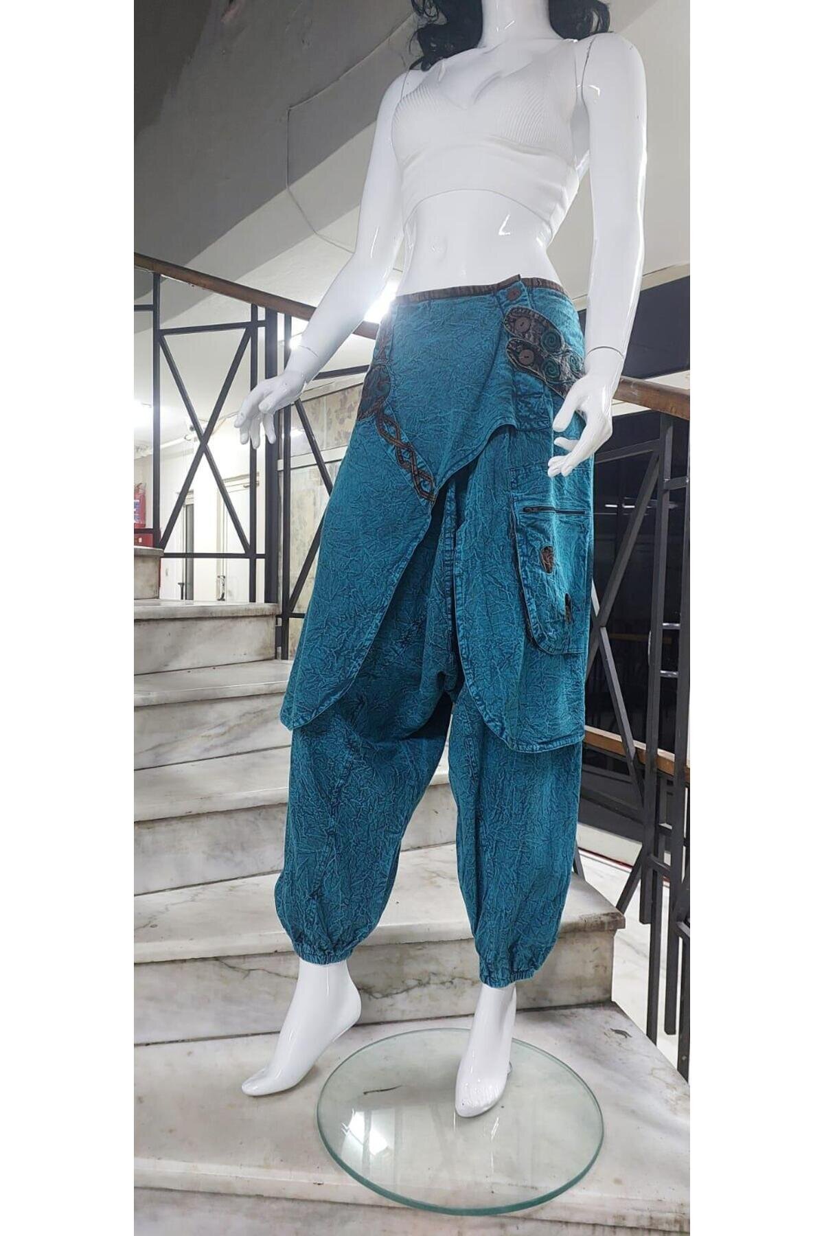 Mavi Hint Otantik Taşlanmış Şalvar Pantolon - Bohem Stil