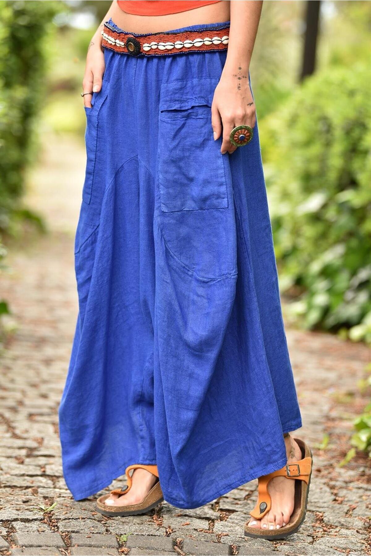 Mavi Keten İtalyan Cepli Şalvar Pantolon - Bohem Stil