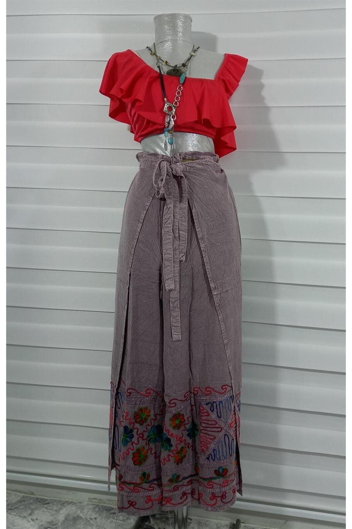 Pembe Otantik Nakış İşlemeli Harem Şalvar Bulmaca Pantolon - Bohem Stil