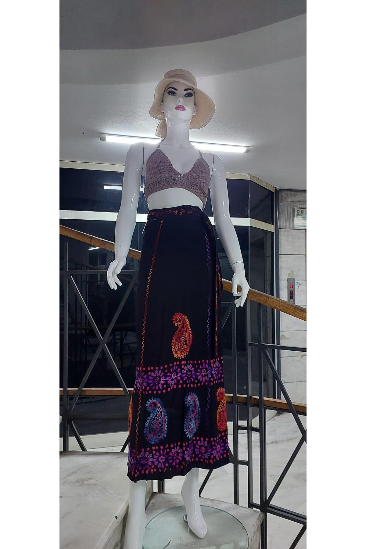 Renkli Hint Batik Çiçek Desenli İşlemeli Anvelop Etek - Bohem Stil