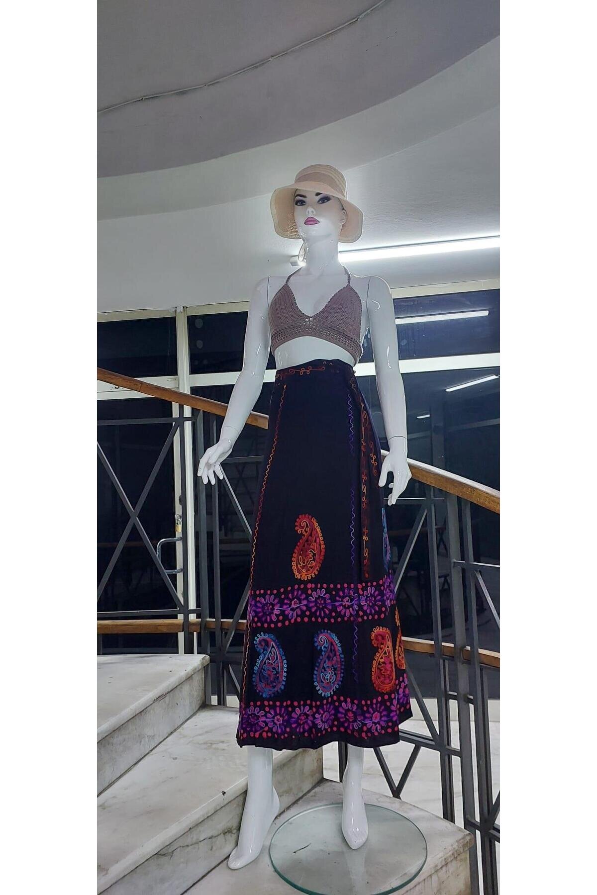 Renkli Hint Batik Çiçek Desenli İşlemeli Anvelop Etek - Bohem Stil