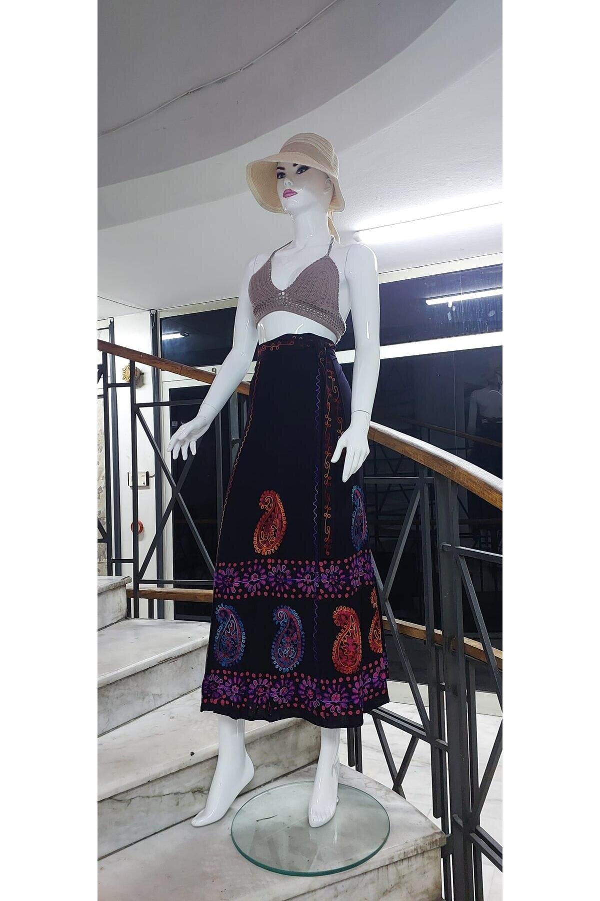 Renkli Hint Batik Çiçek Desenli İşlemeli Anvelop Etek - Bohem Stil