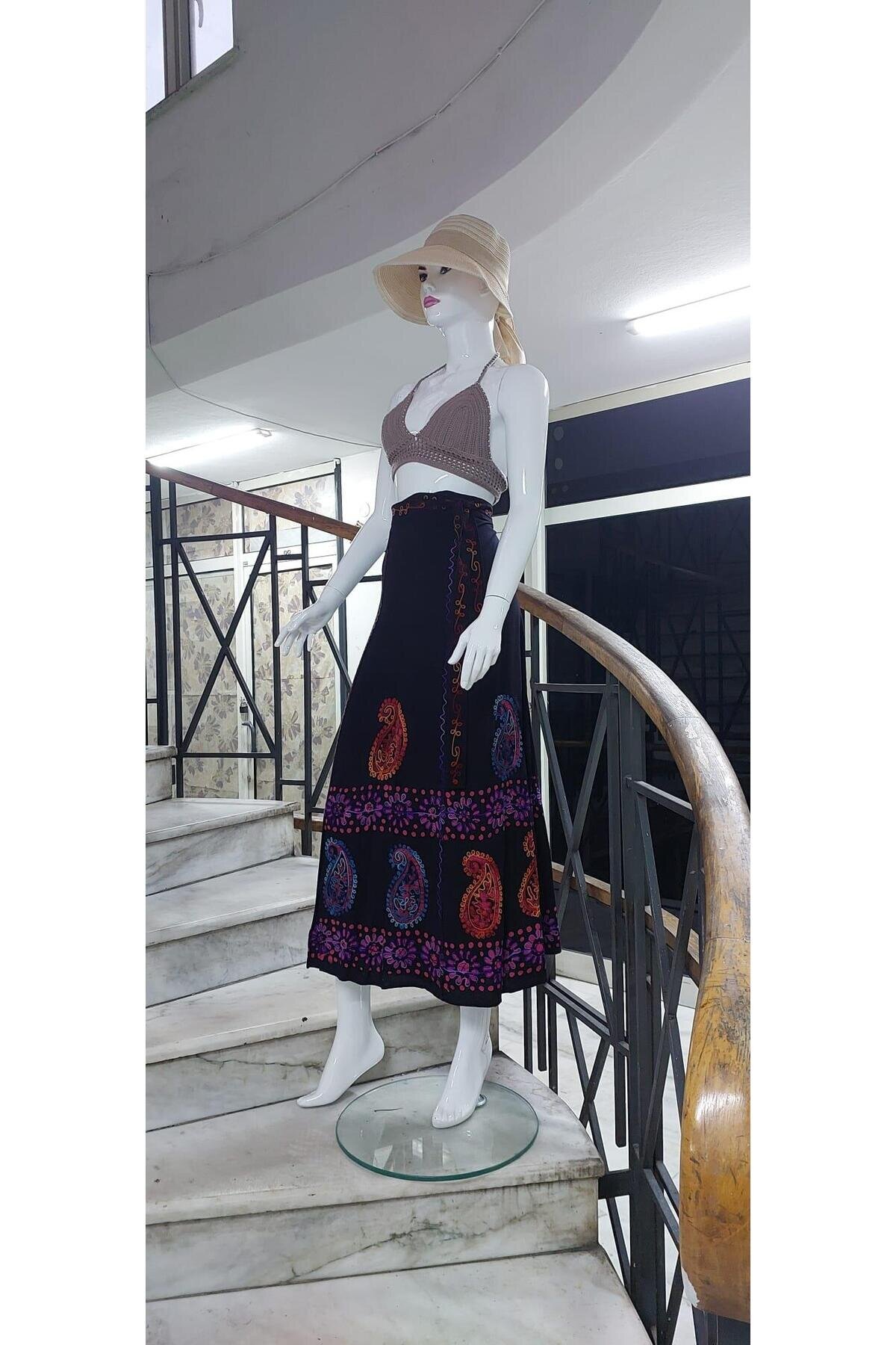 Renkli Hint Batik Çiçek Desenli İşlemeli Anvelop Etek - Bohem Stil