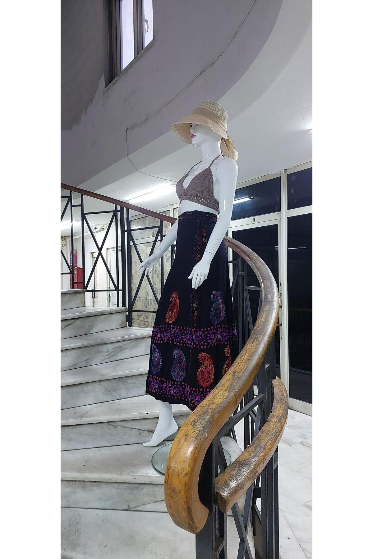 Renkli Hint Batik Çiçek Desenli İşlemeli Anvelop Etek - Bohem Stil