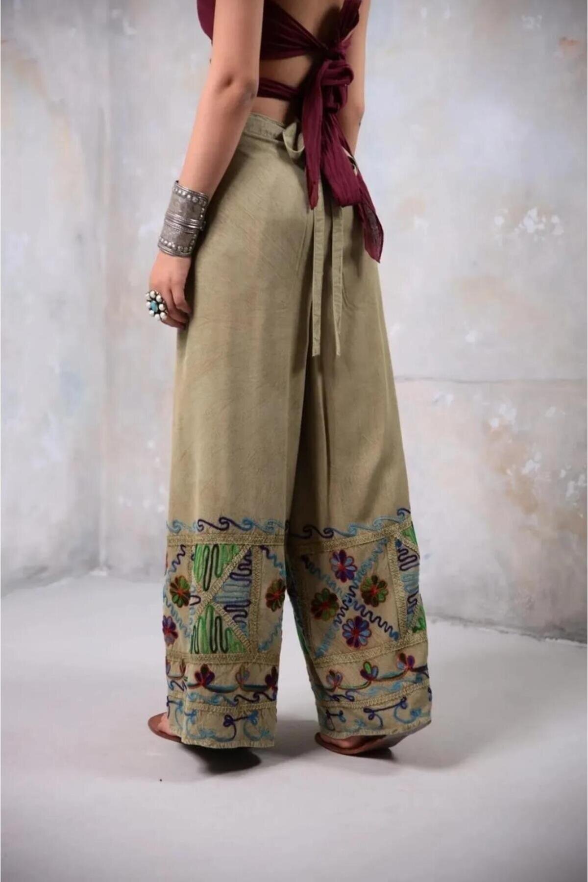 Açık Yeşil Otantik Nakış İşlemeli Harem Şalvar Pantolon - EREN STYLE